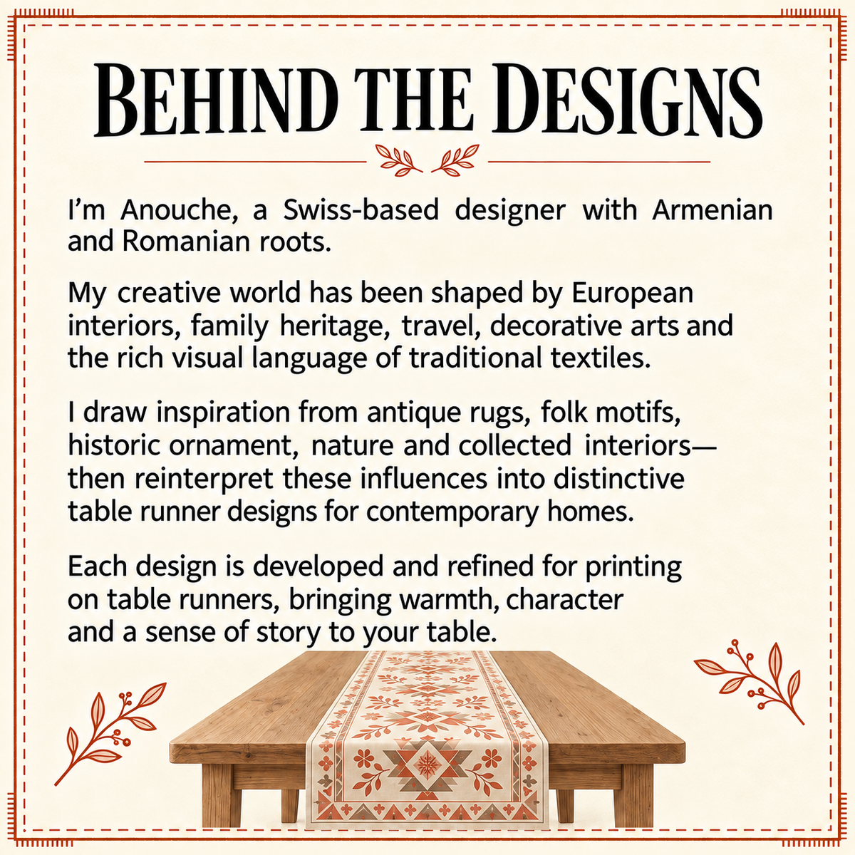 Behind the designs card: a note from Anouche, the designer, on her Armenian and Romanian roots