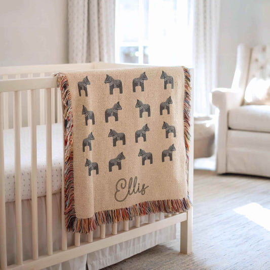 Dala Horse Blanket – Personalized Woven Baby Throw With Colorful Fringed Edges - timelessbohochic.com