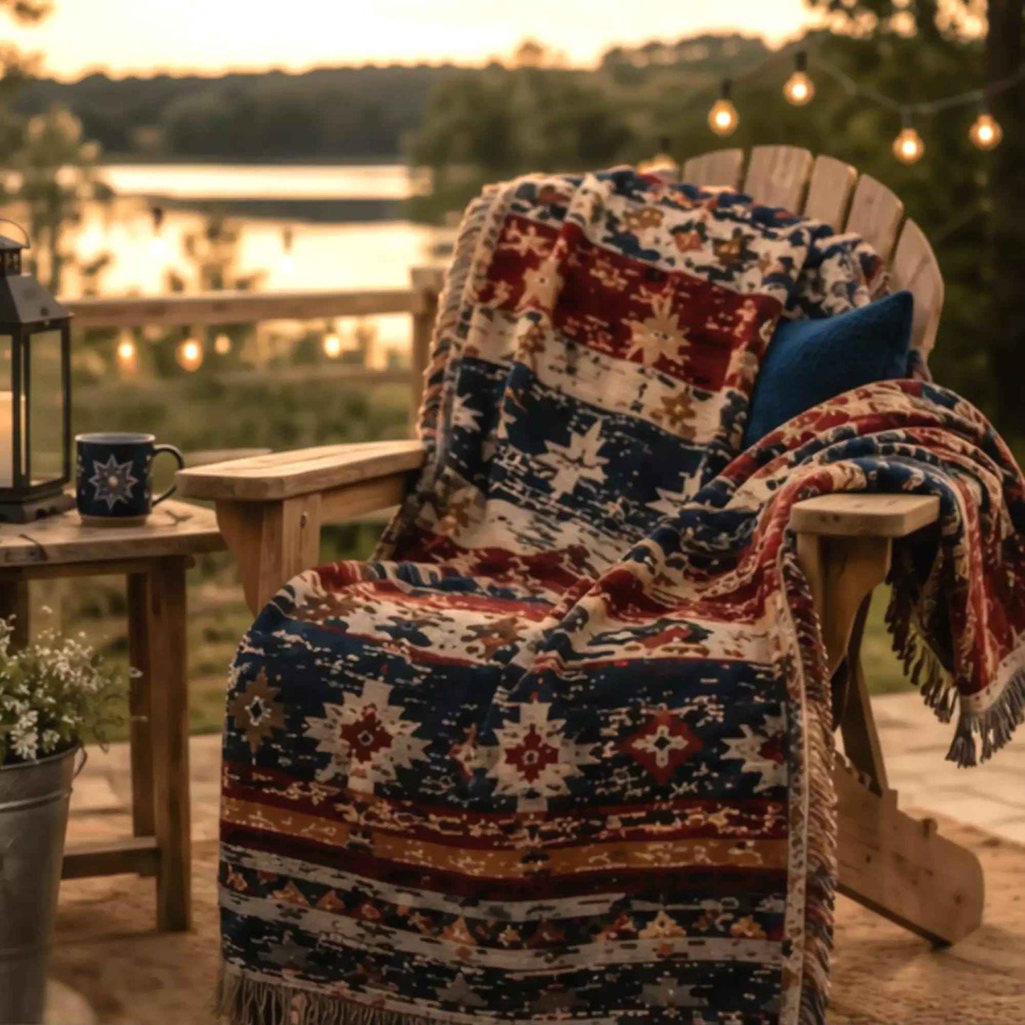 Southwestern woven blanket with geometric pattern styled for layered home decor