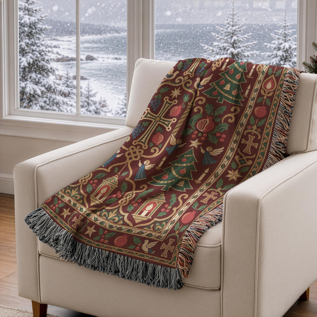 A cozy armchair with a vibrant, patterned blanket draped over it, positioned in front of a window overlooking a snowy landscape.