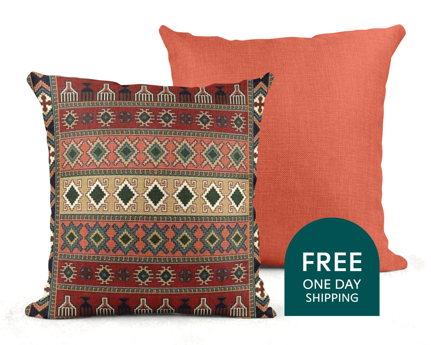 Anatolian Inspired pillow cover with rug-style pattern styled on a sofa or bed