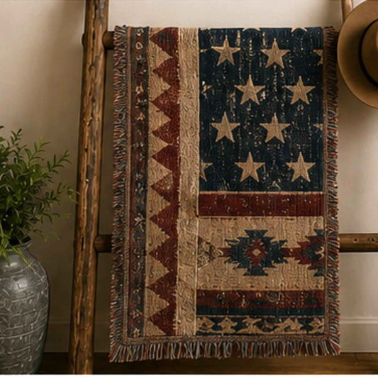 Southwestern outdoor woven throw blanket with geometric pattern for patio styling