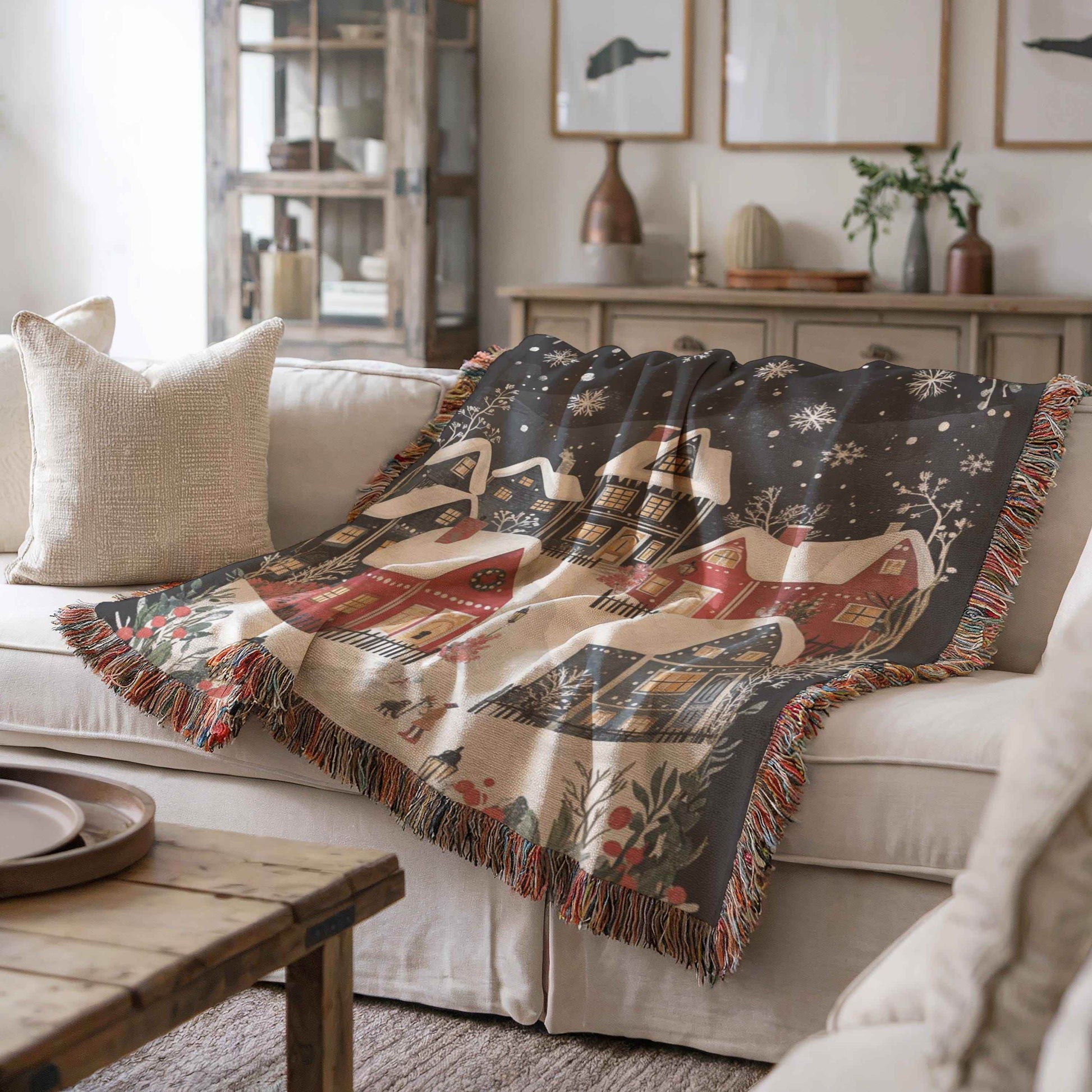 Holiday Bed Blanket - Woven Cotton Throw With Christmas Village Scene, Cozy Winter Folk Art - timelessbohochic.com