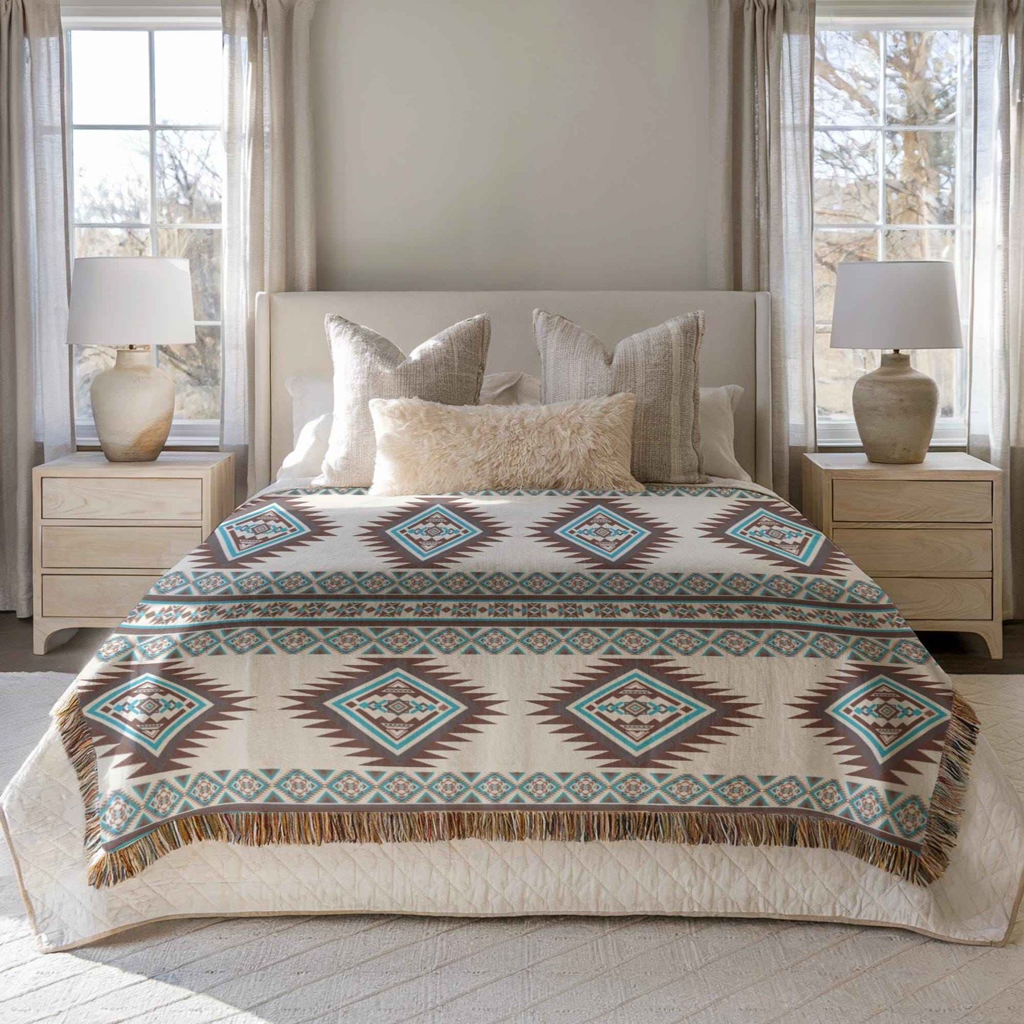 Southwestern woven blanket with geometric pattern styled for layered home decor