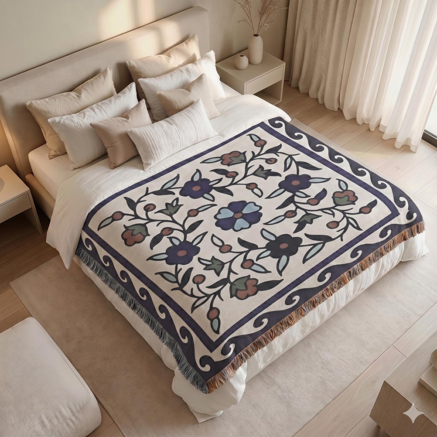 Anatolian Inspired woven blanket with woven pattern styled for layered home decor