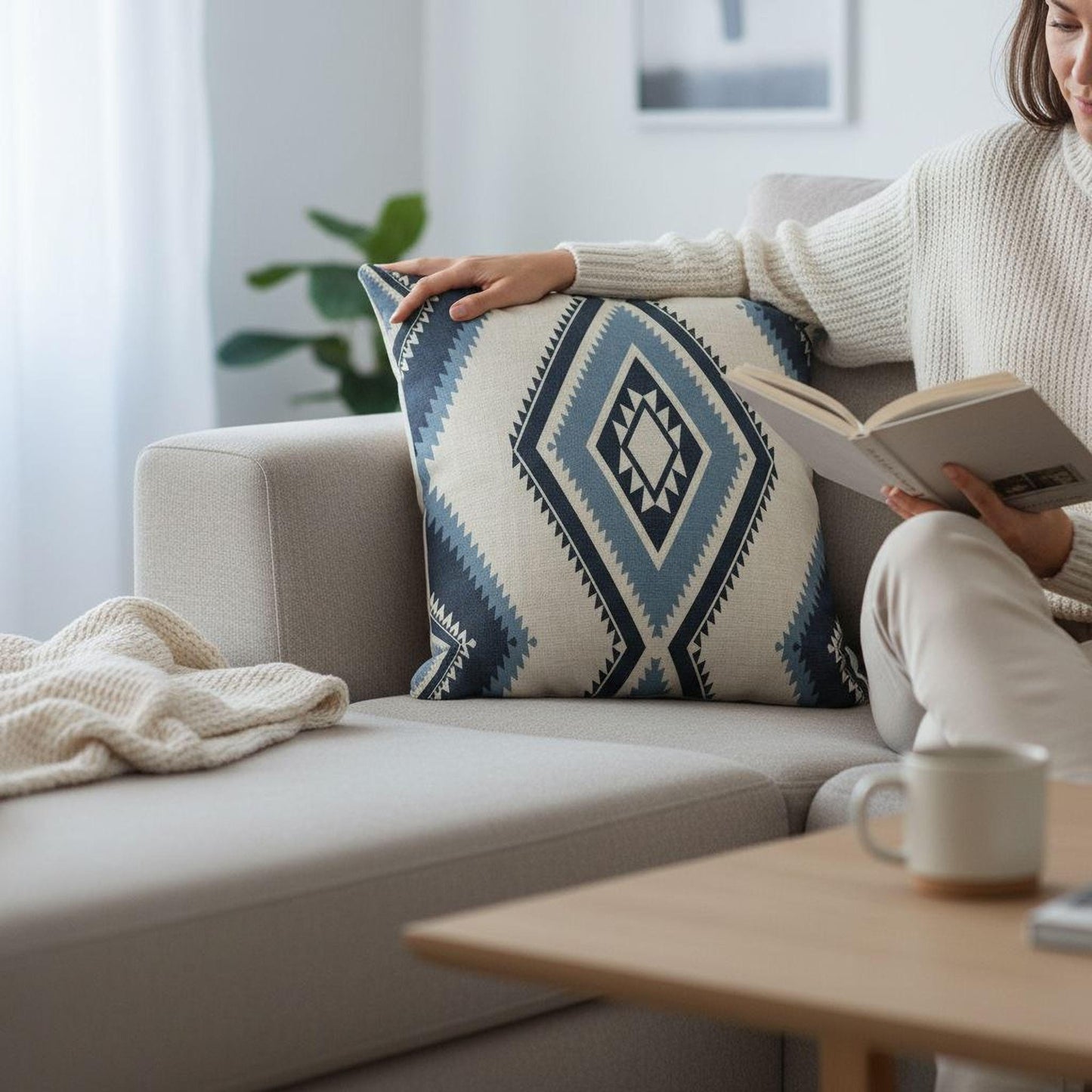 Southwestern pillow cover with geometric pattern styled on a sofa or bed
