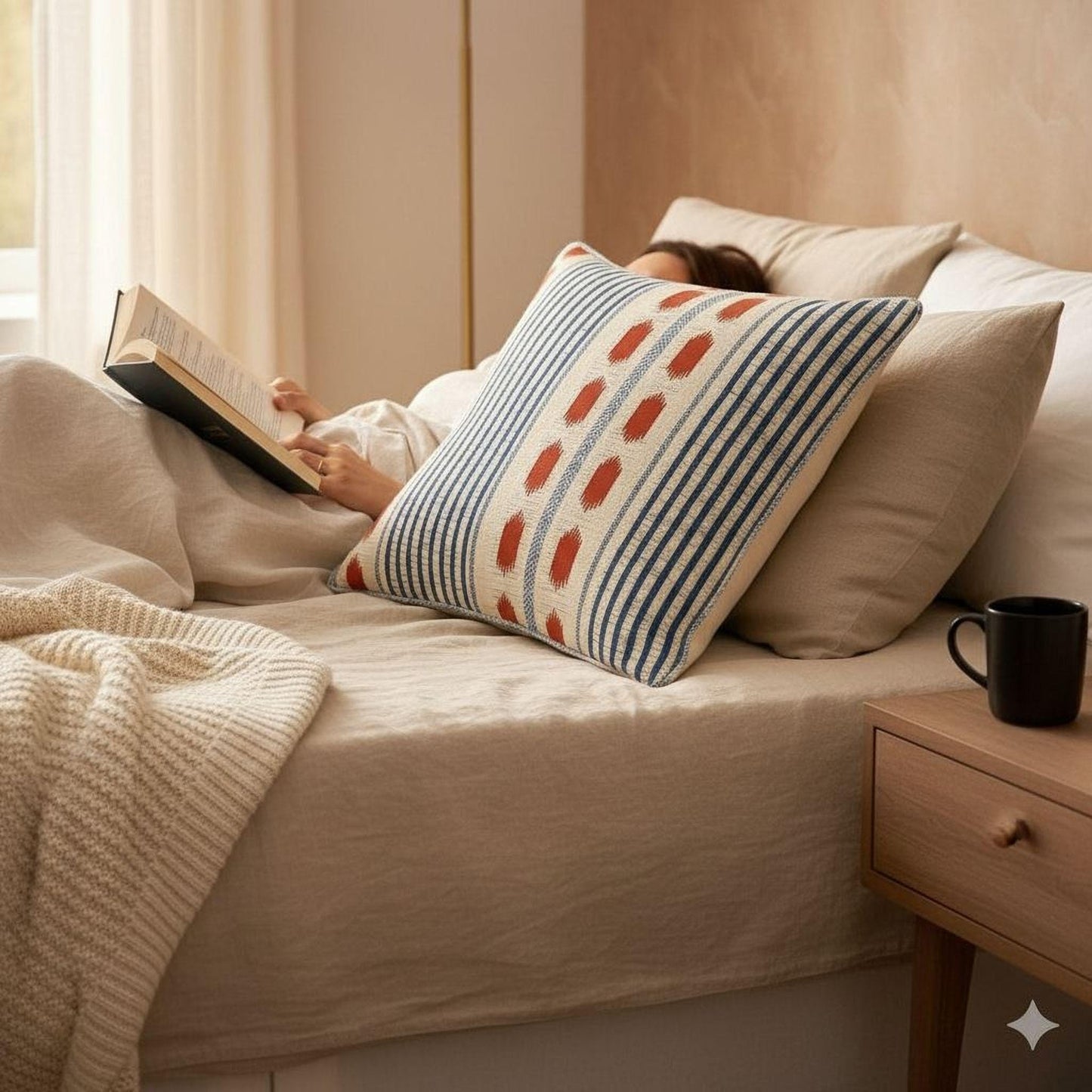 Modern Geometric pillow cover with geometric pattern styled on a sofa or bed