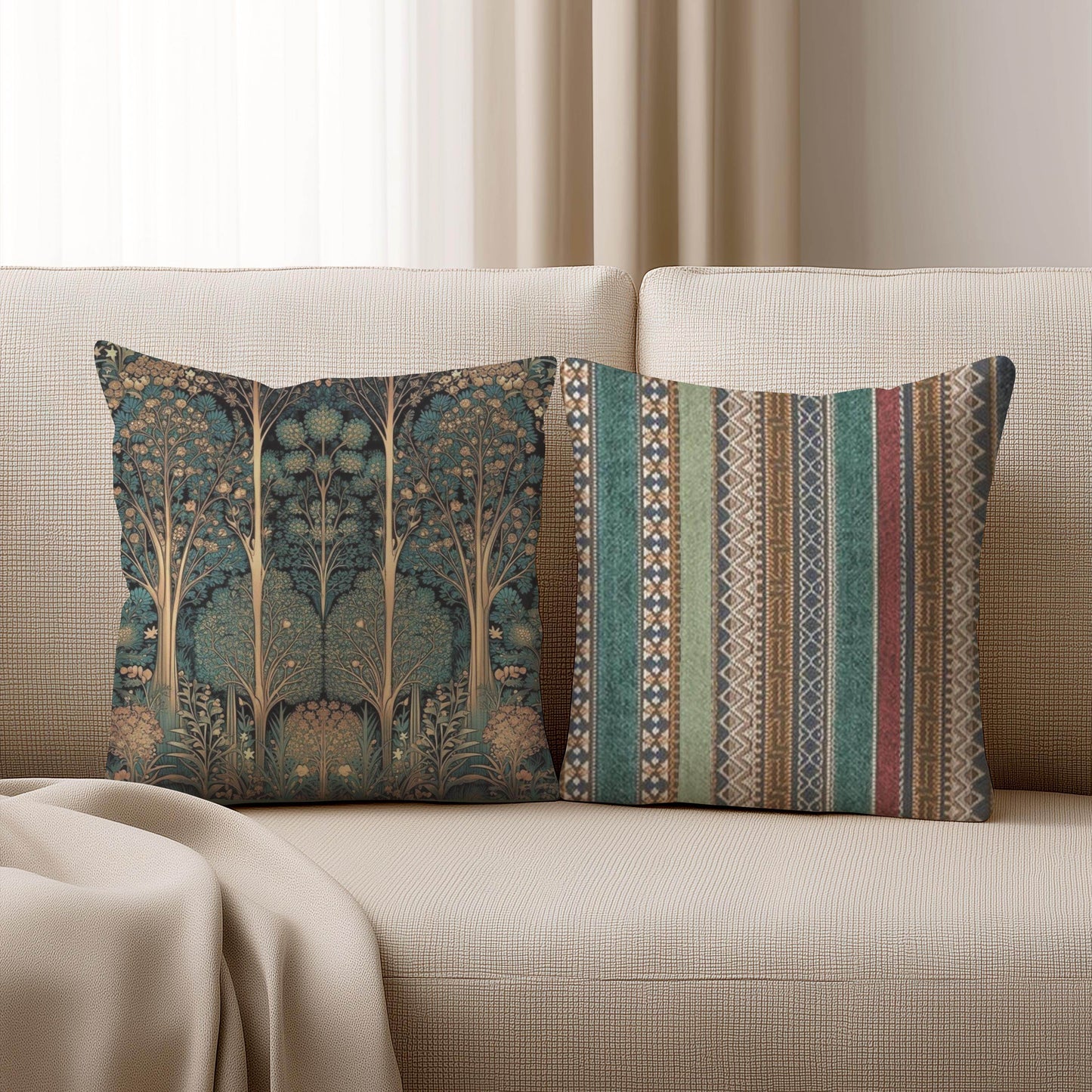 Art Deco Pillow – Woven Cotton Cushion with Insert | Elegant Forestcore Design - timelessbohochic.com