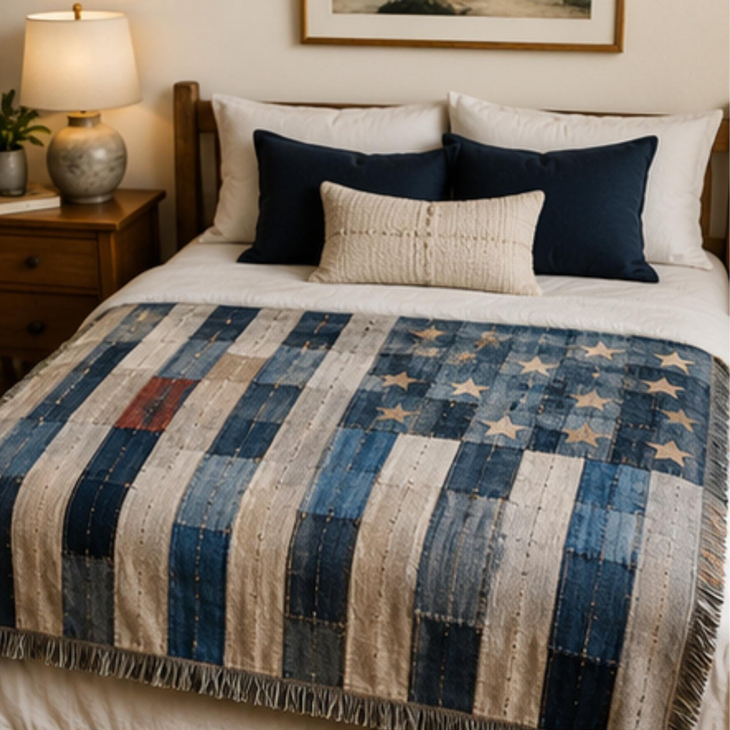 Southwestern outdoor woven throw blanket with geometric pattern for patio styling