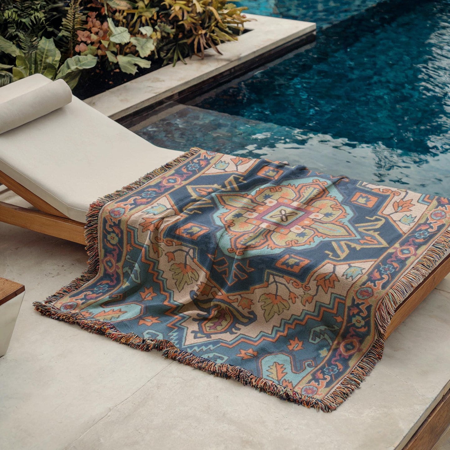 Moroccan Inspired outdoor woven throw blanket with rug-style pattern for patio styling