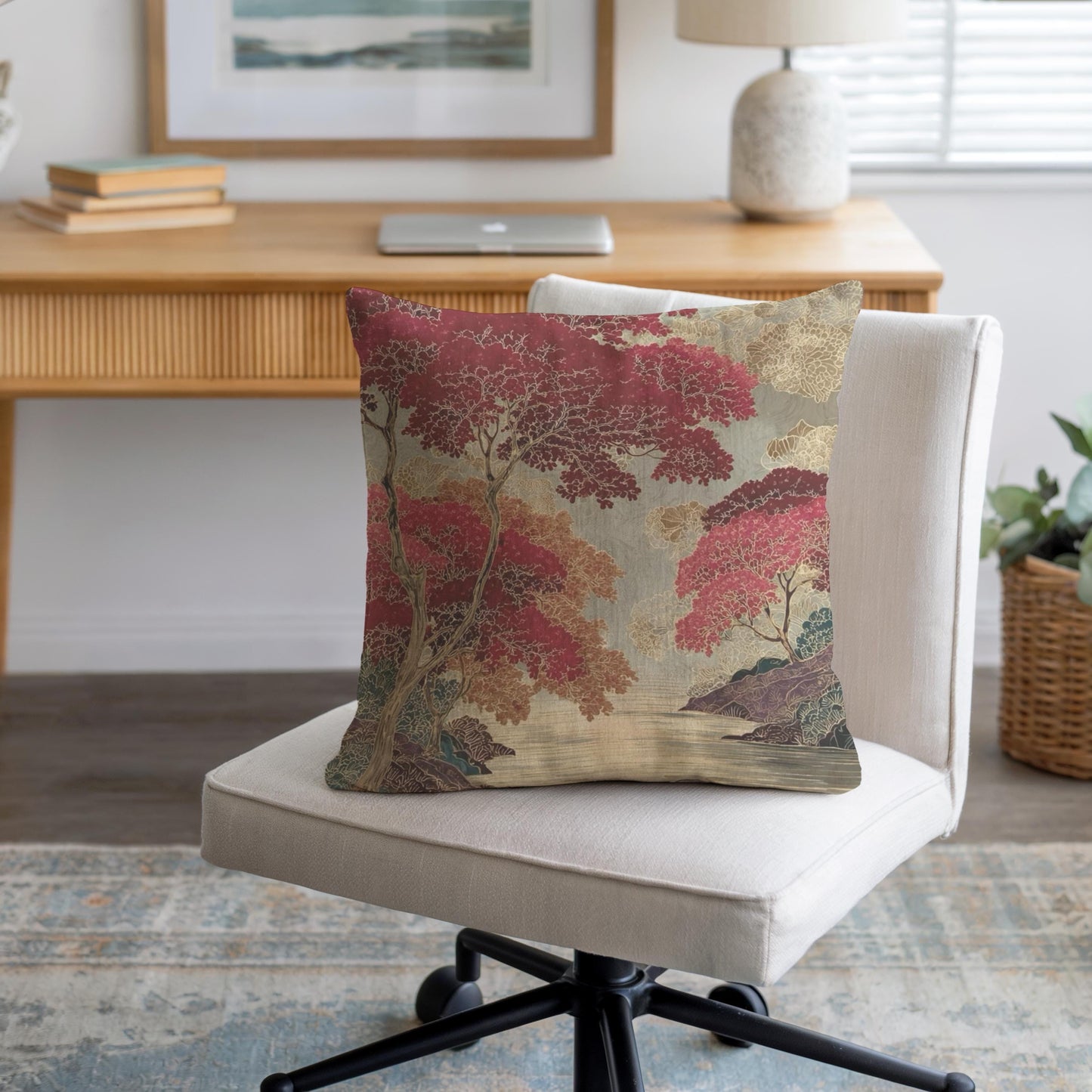 Modern Geometric throw pillow with geometric pattern styled on a sofa or bed