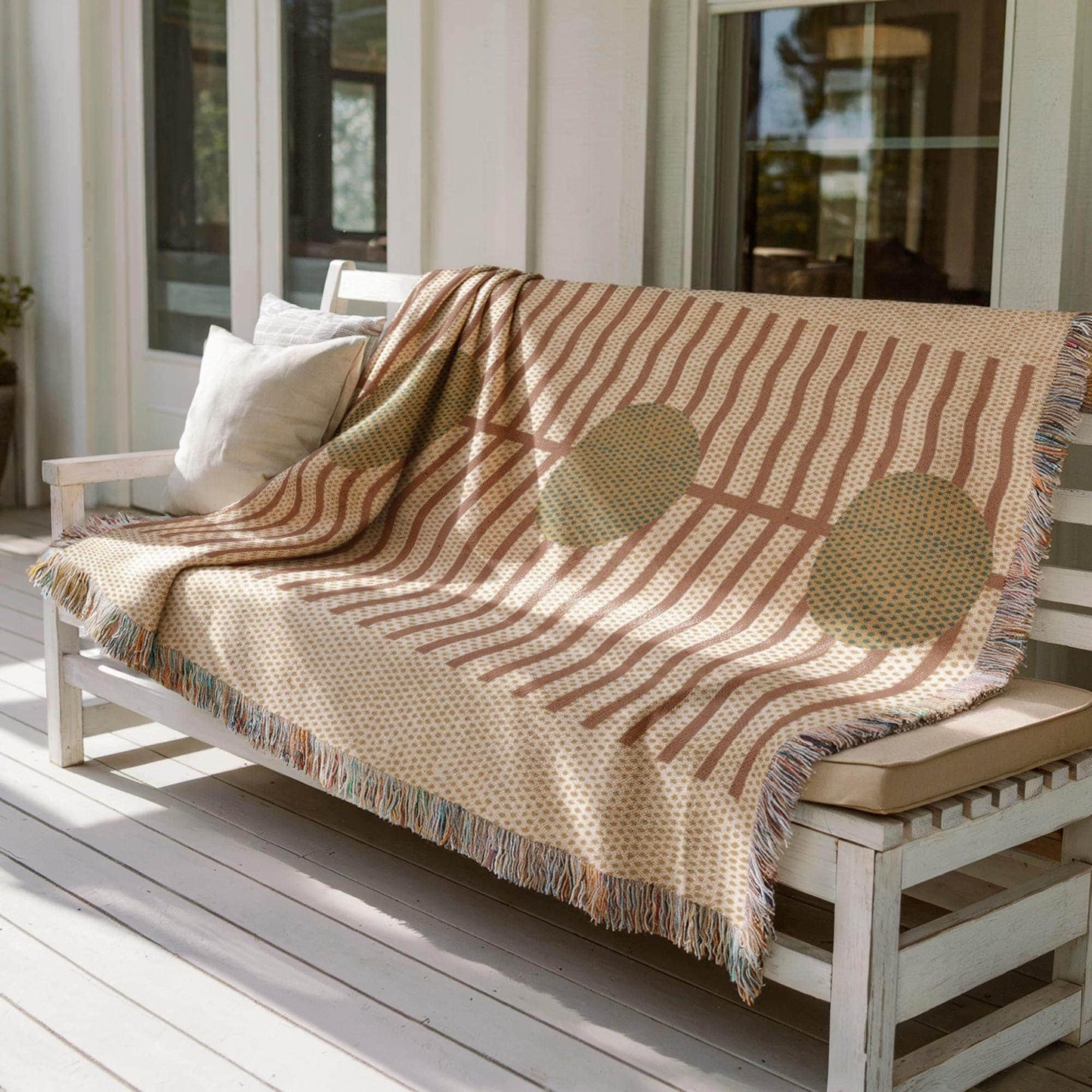 Scandinavian Inspired woven blanket with woven pattern styled for layered home decor