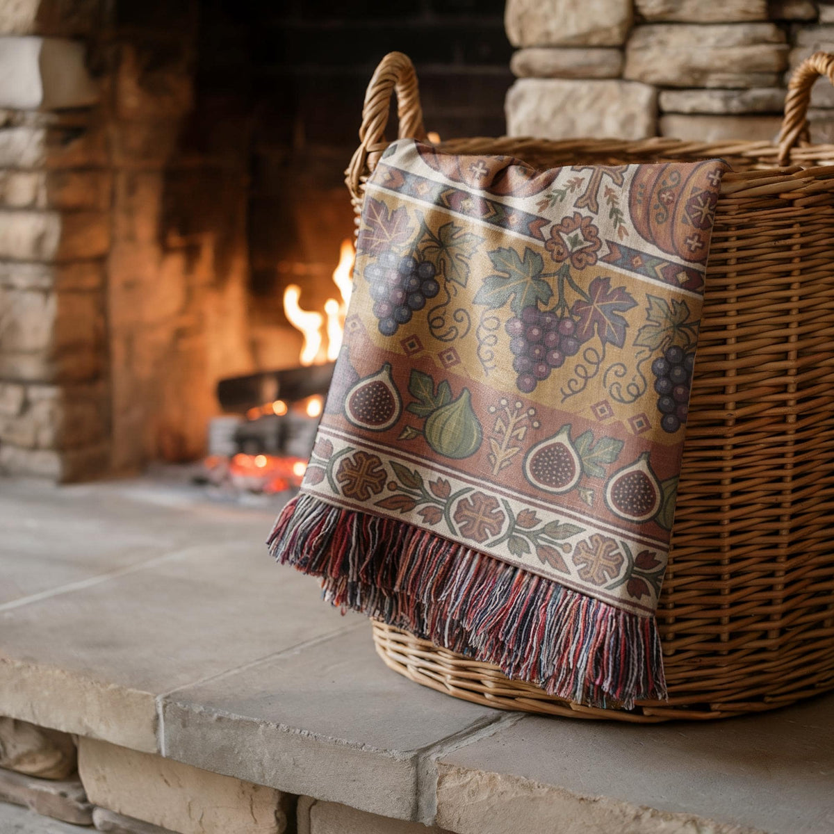 Grape and fig Ghapama blanket folded over a wicker basket in front of a fireplace