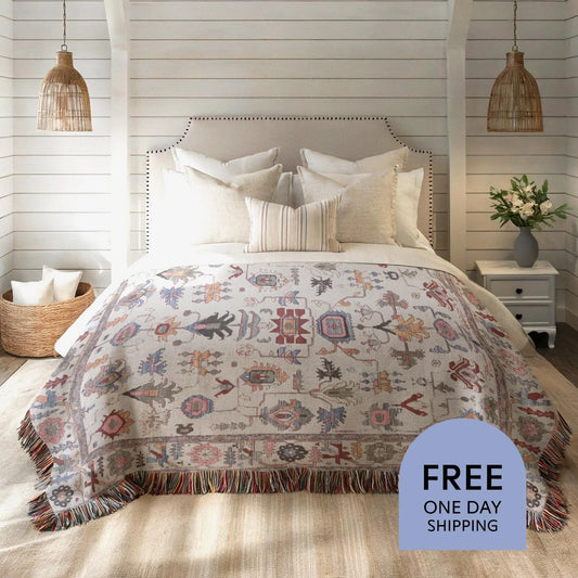 Anatolian Woven Blanket - Ethnic Tapestry Throw With Colorful Fringed Edges