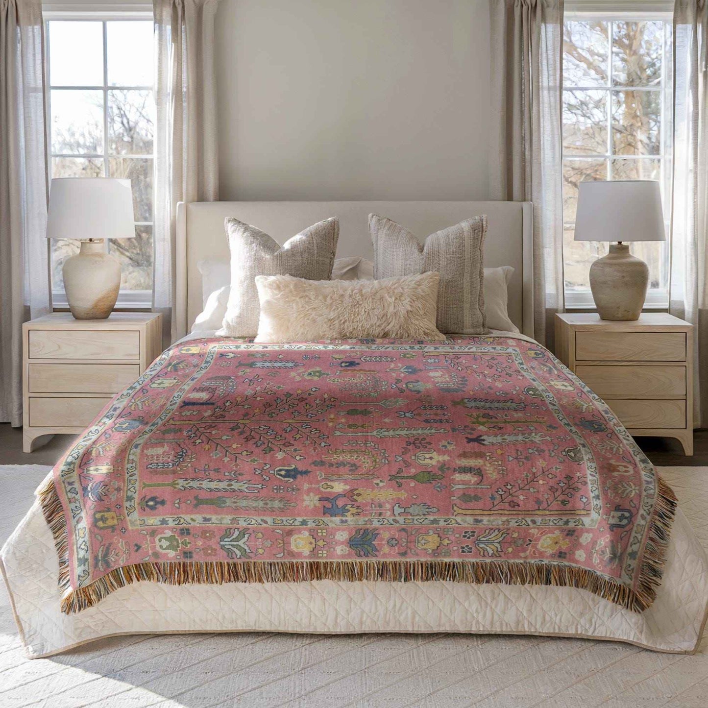 Anatolian Inspired woven blanket with rug-style pattern styled for layered home decor