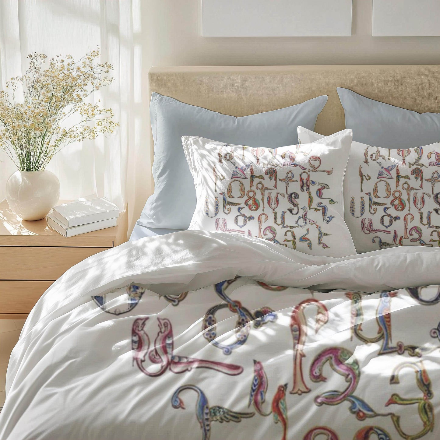 Armenian Alphabet Duvet Cover - Multicolor Bedding Set with Trchnagir Pattern & Zipper Closure - timelessbohochic.com