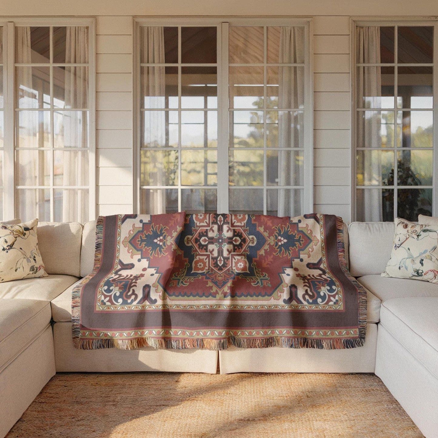 Moroccan Inspired woven wall tapestry with rug-style pattern styled as textile wall decor
