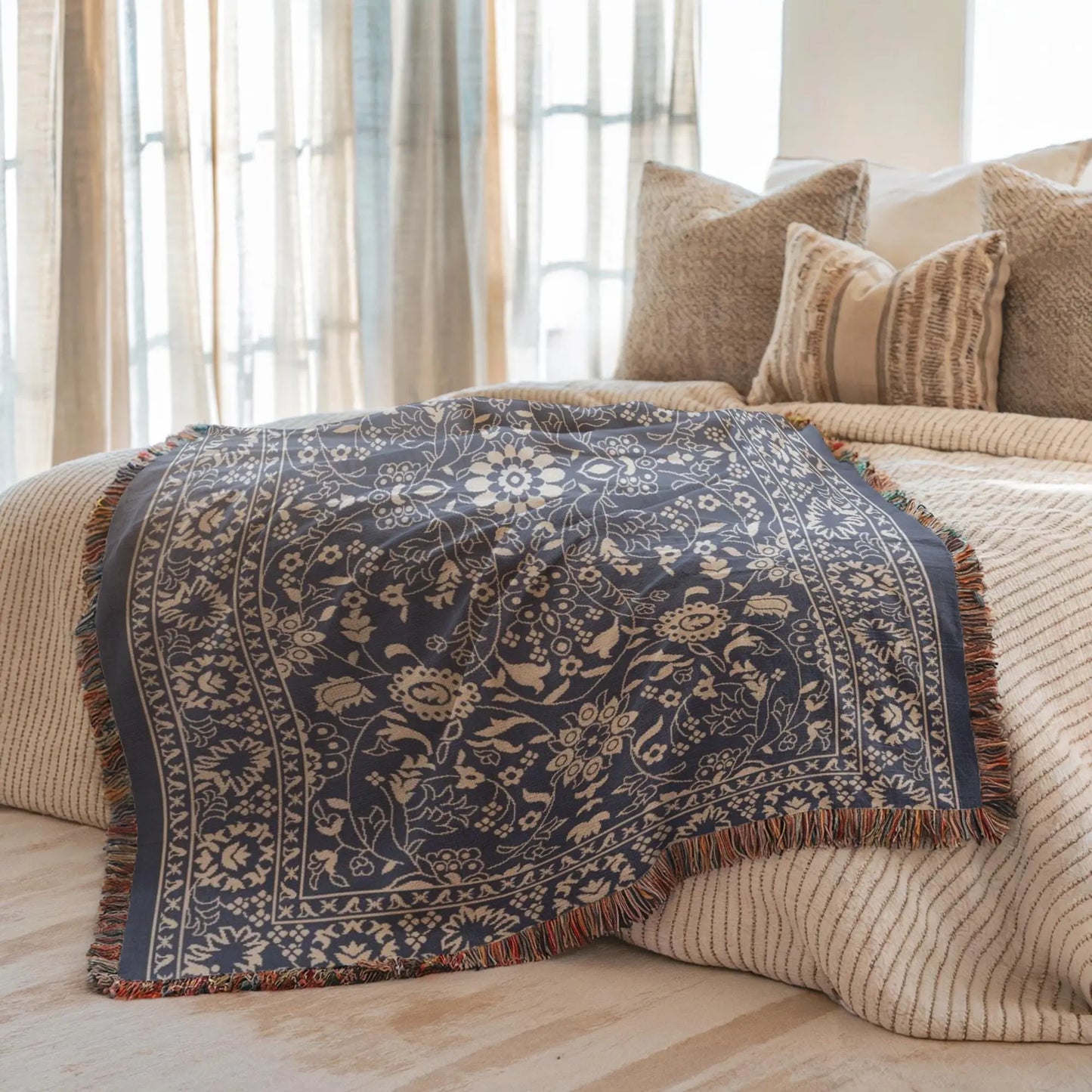 Persian Rug Throw - Boho Style Dark Blue Blanket | Handmade Woven Cotton Throw