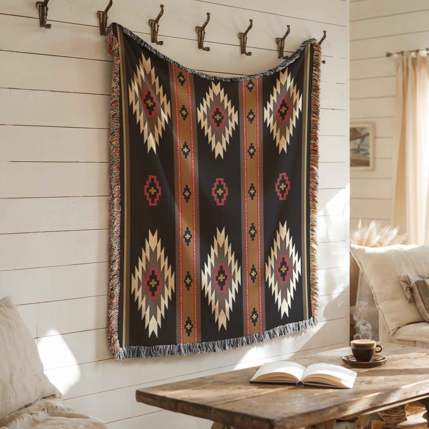 Southwestern woven wall tapestry with geometric pattern styled as textile wall decor
