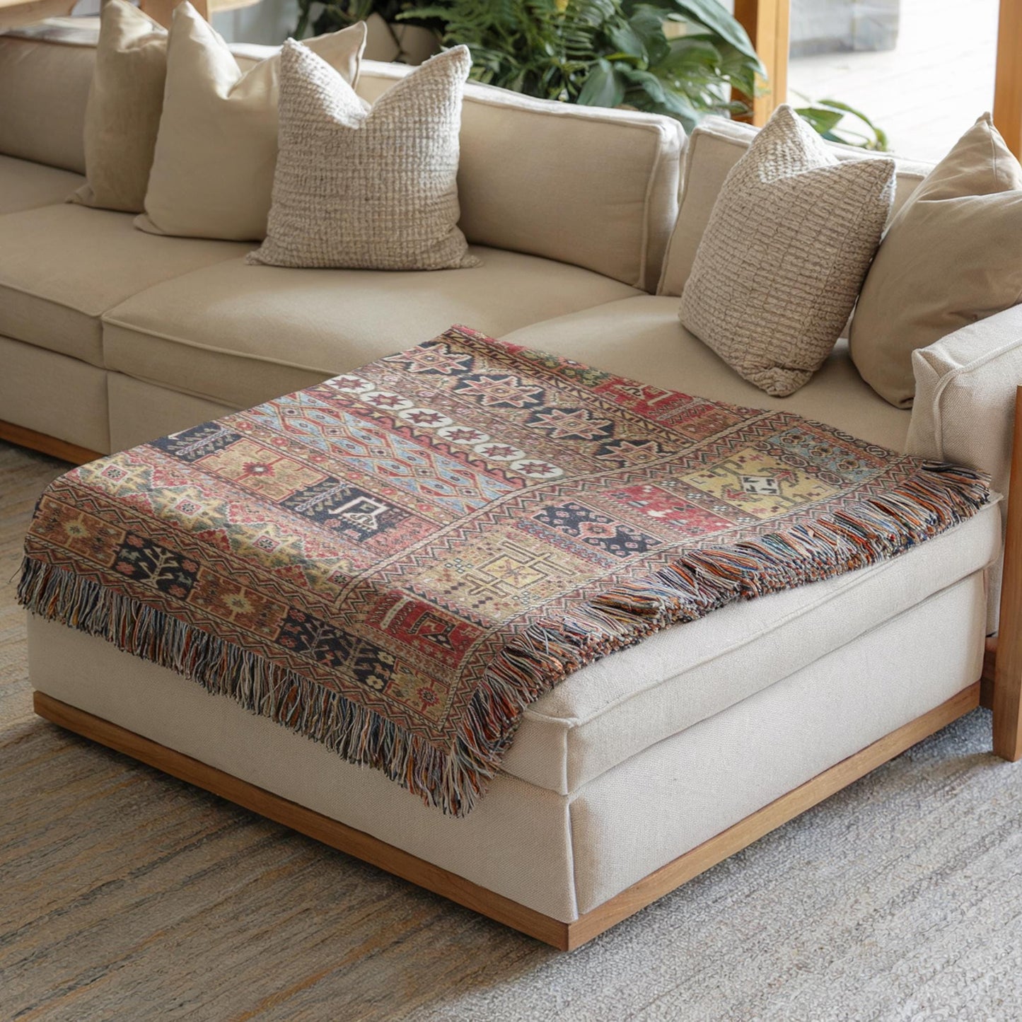 Caucasian Rug Inspired woven blanket with geometric pattern styled for layered home decor