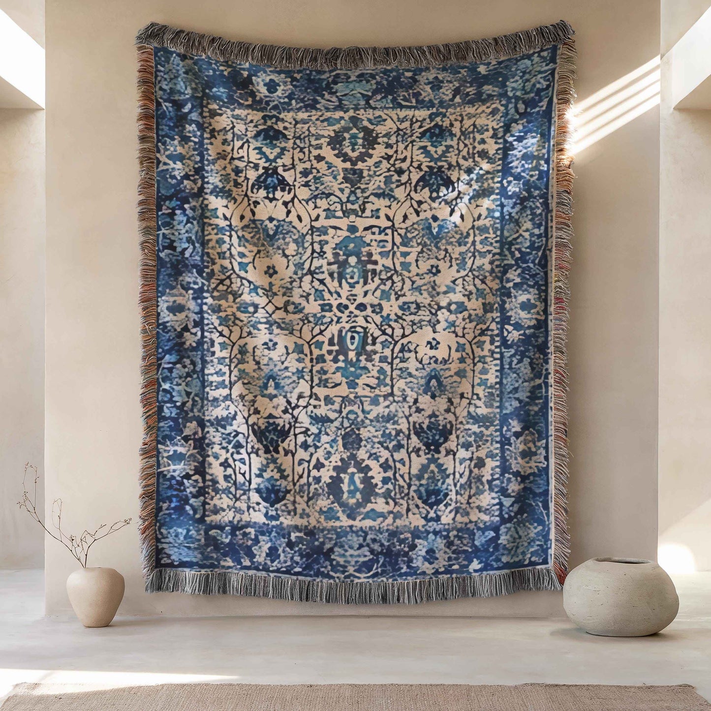 Anatolian Inspired woven blanket with rug-style pattern styled for layered home decor