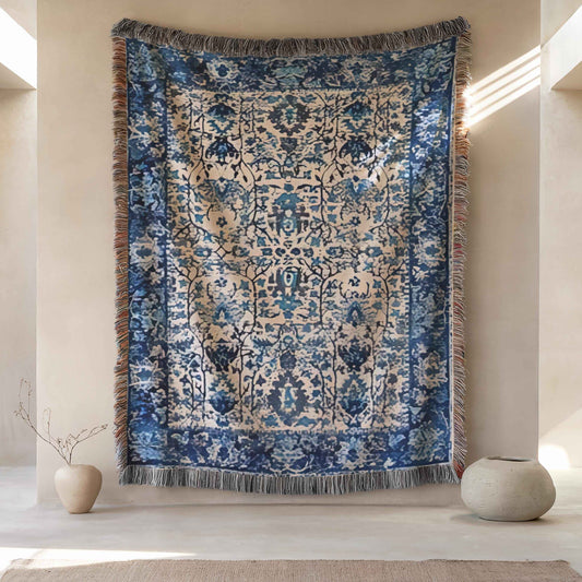 Anatolian Inspired woven blanket with rug-style pattern styled for layered home decor
