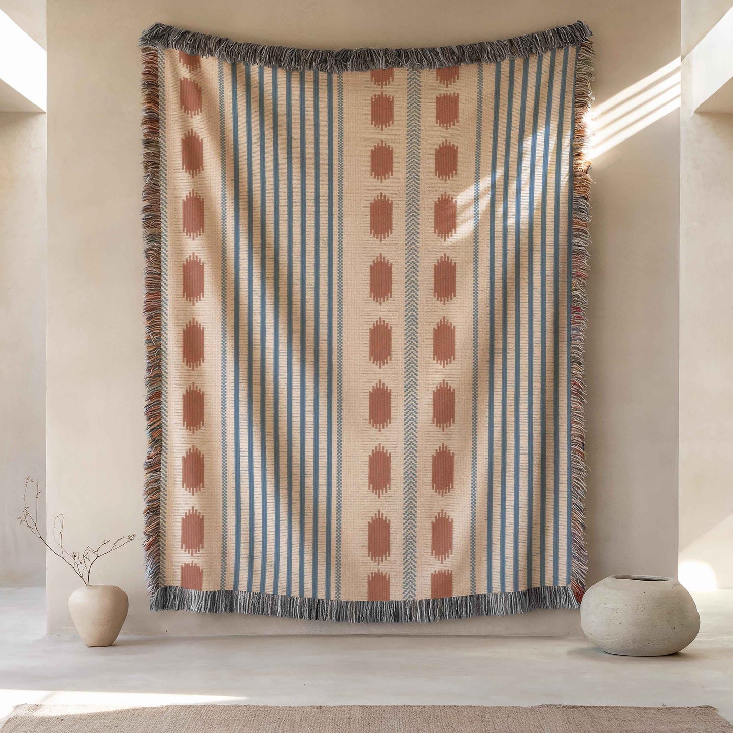 Modern Geometric outdoor woven throw blanket with geometric pattern for patio styling