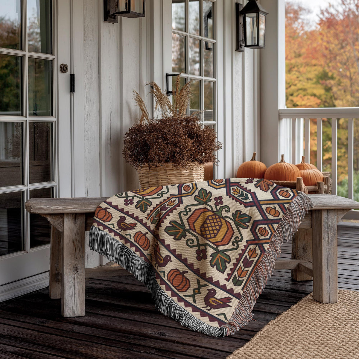Geometric Armenian fall throw blanket on a wooden porch bench beside a woven basket