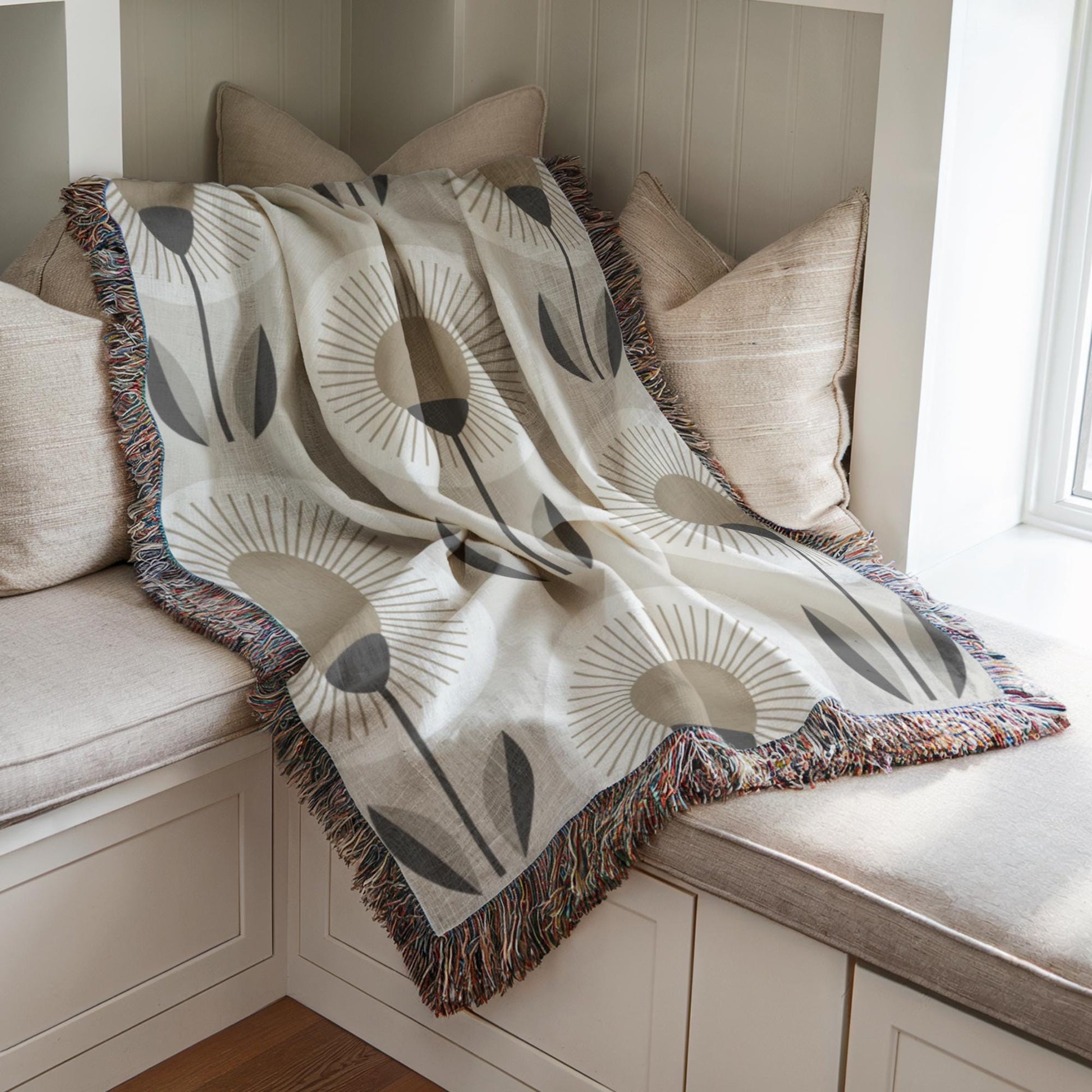 Cotton Woven Blanket - Floral Throw With Textured Fabric & Fringed Edges