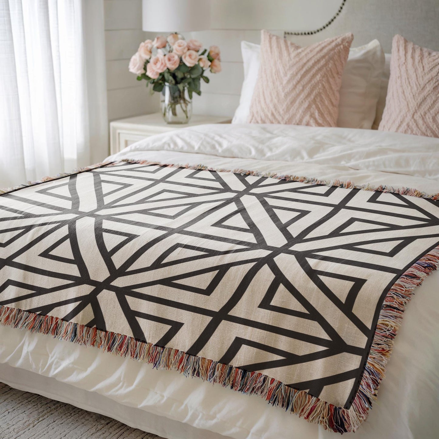 Modern Geometric woven blanket with geometric pattern styled for layered home decor