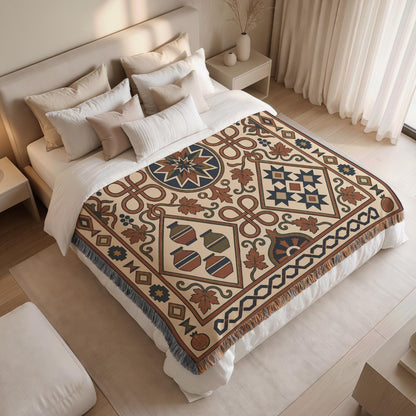 Overhead view of a rust, teal and cream woven bed throw with diamonds, medallions and fringed edges on a bed