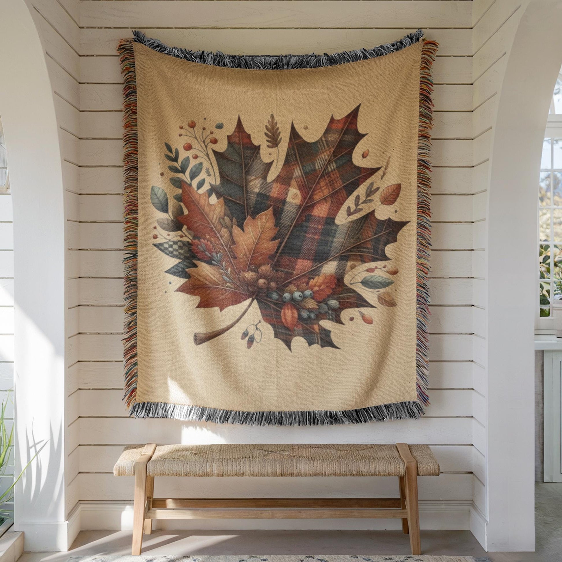 Plaid Fall Blanket – Cozy Cotton Throw with Tartan Leaf Pattern & Fringed Edges