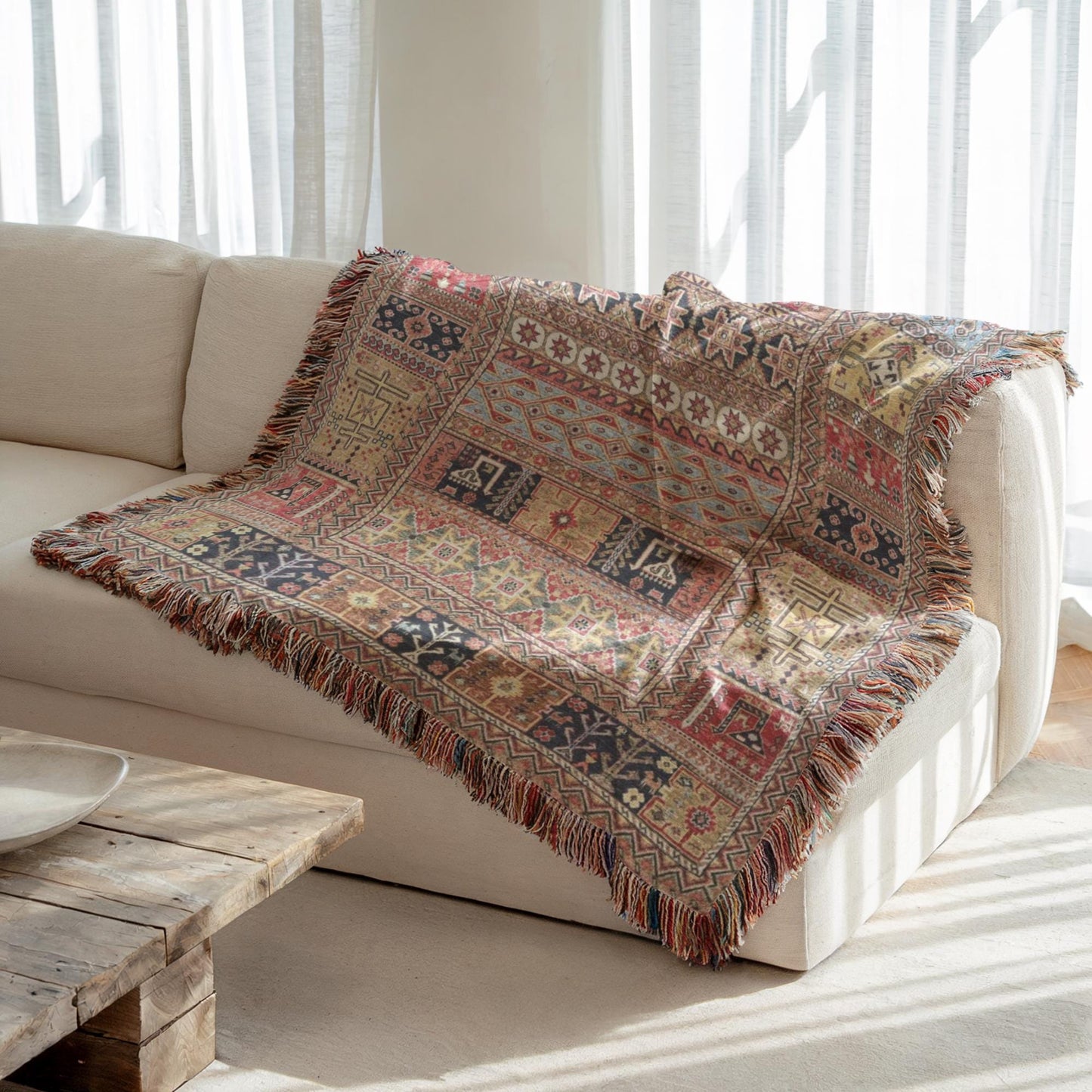 Caucasian Rug Inspired woven blanket with geometric pattern styled for layered home decor
