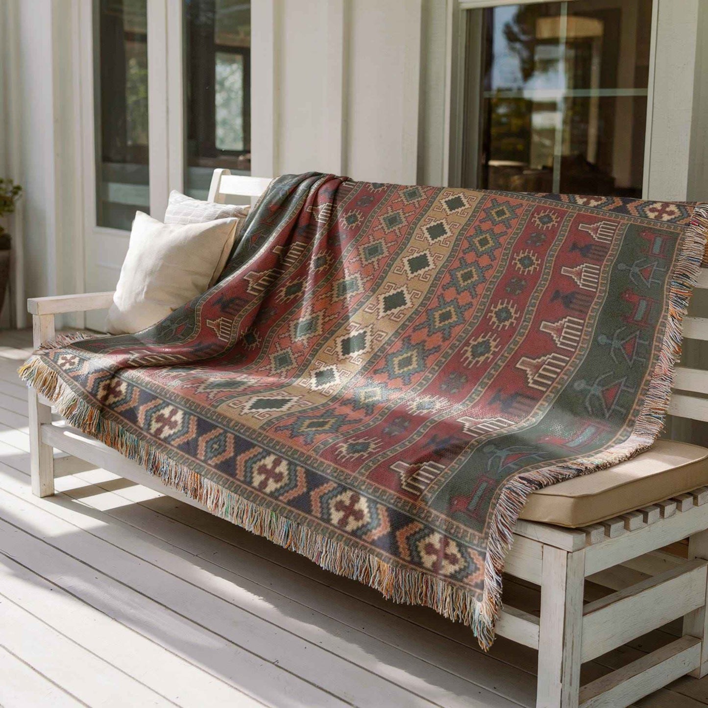 Southwestern woven wall tapestry with geometric pattern styled as textile wall decor