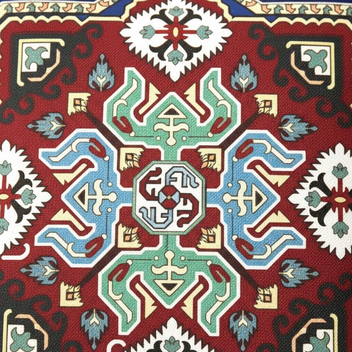 a vibrant and intricate pattern with a variety of colors and shapes, including red, blue, green, and white. The pattern appears to be a textile or fabric design, with a symmetrical and visually striking composition.