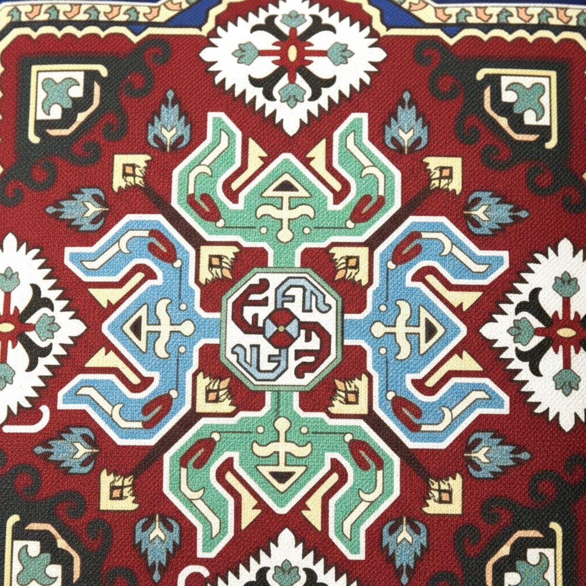 a vibrant and intricate pattern with a variety of colors and shapes, including red, blue, green, and white. The pattern appears to be a textile or fabric design, with a symmetrical and visually striking composition.