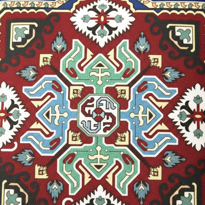 a vibrant and intricate pattern with a variety of colors and shapes, including red, blue, green, and white. The pattern appears to be a textile or fabric design, with a symmetrical and visually striking composition.