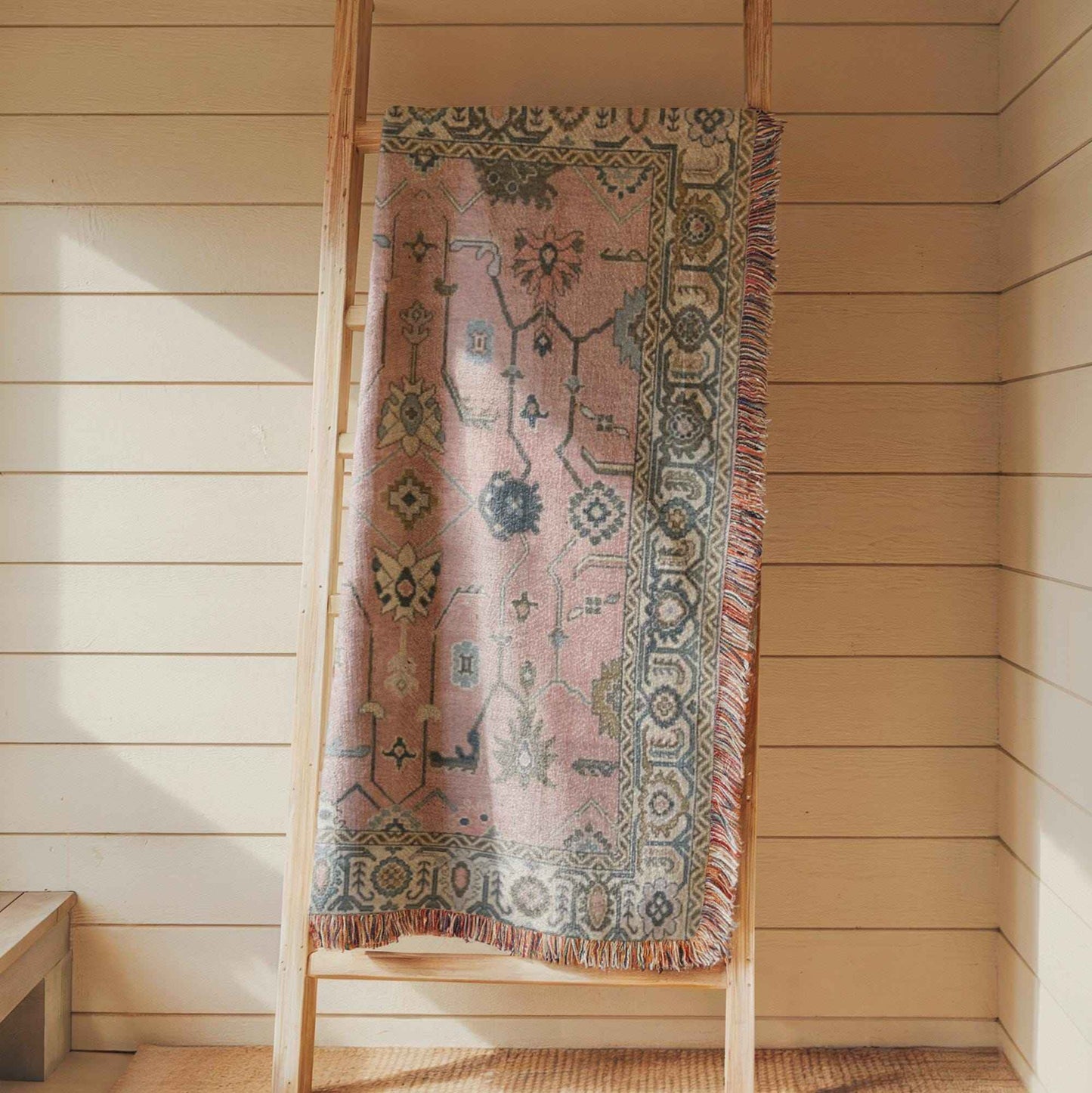 Southwestern woven wall tapestry with geometric pattern styled as textile wall decor