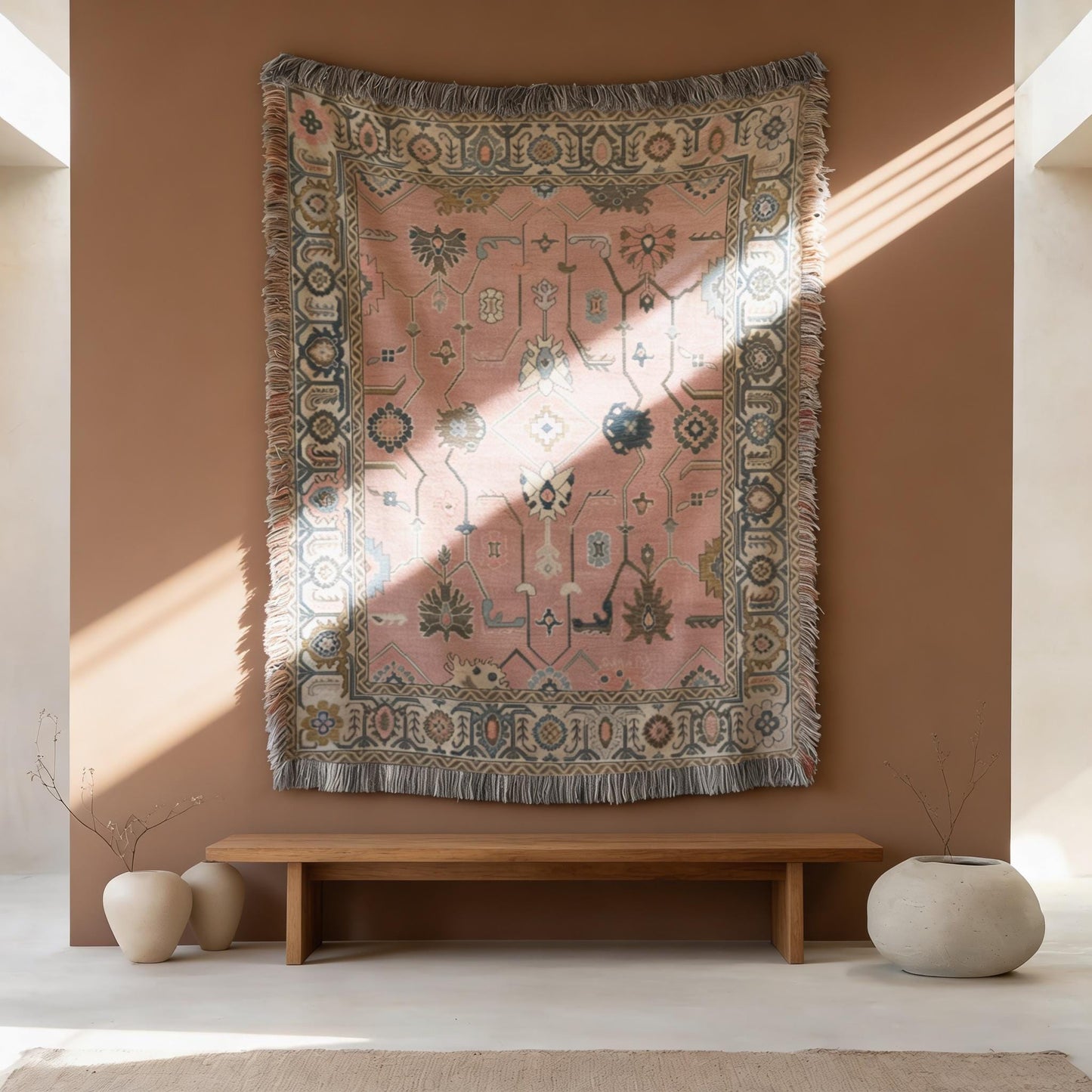 Southwestern woven wall tapestry with geometric pattern styled as textile wall decor