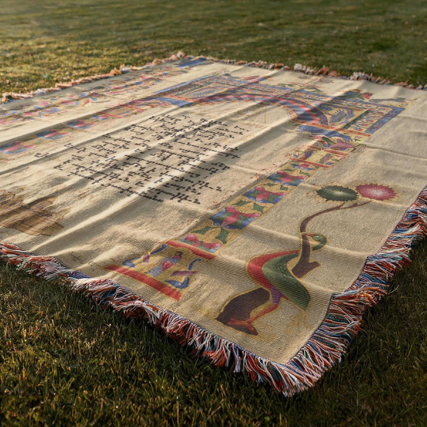 Boho woven blanket with woven pattern styled for layered home decor