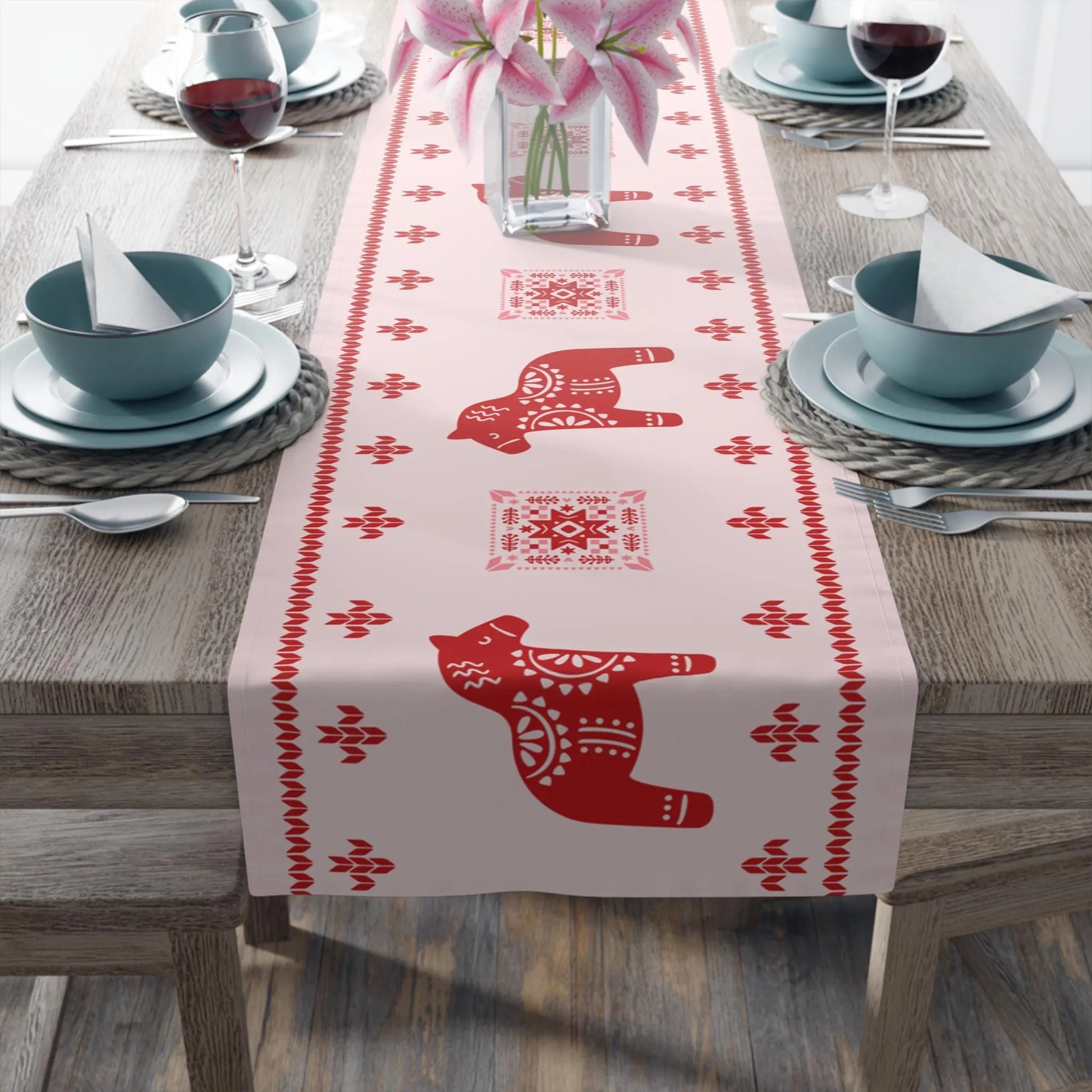 Scandinavian Table Runner – Nordic Christmas Decor with Dala Horse & Winter Star Pattern