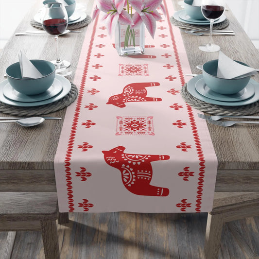Scandinavian Table Runner – Nordic Christmas Decor with Dala Horse & Winter Star Pattern