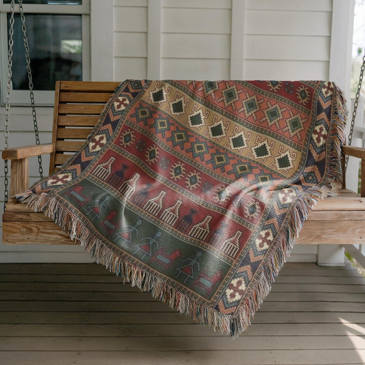 Southwestern woven wall tapestry with geometric pattern styled as textile wall decor