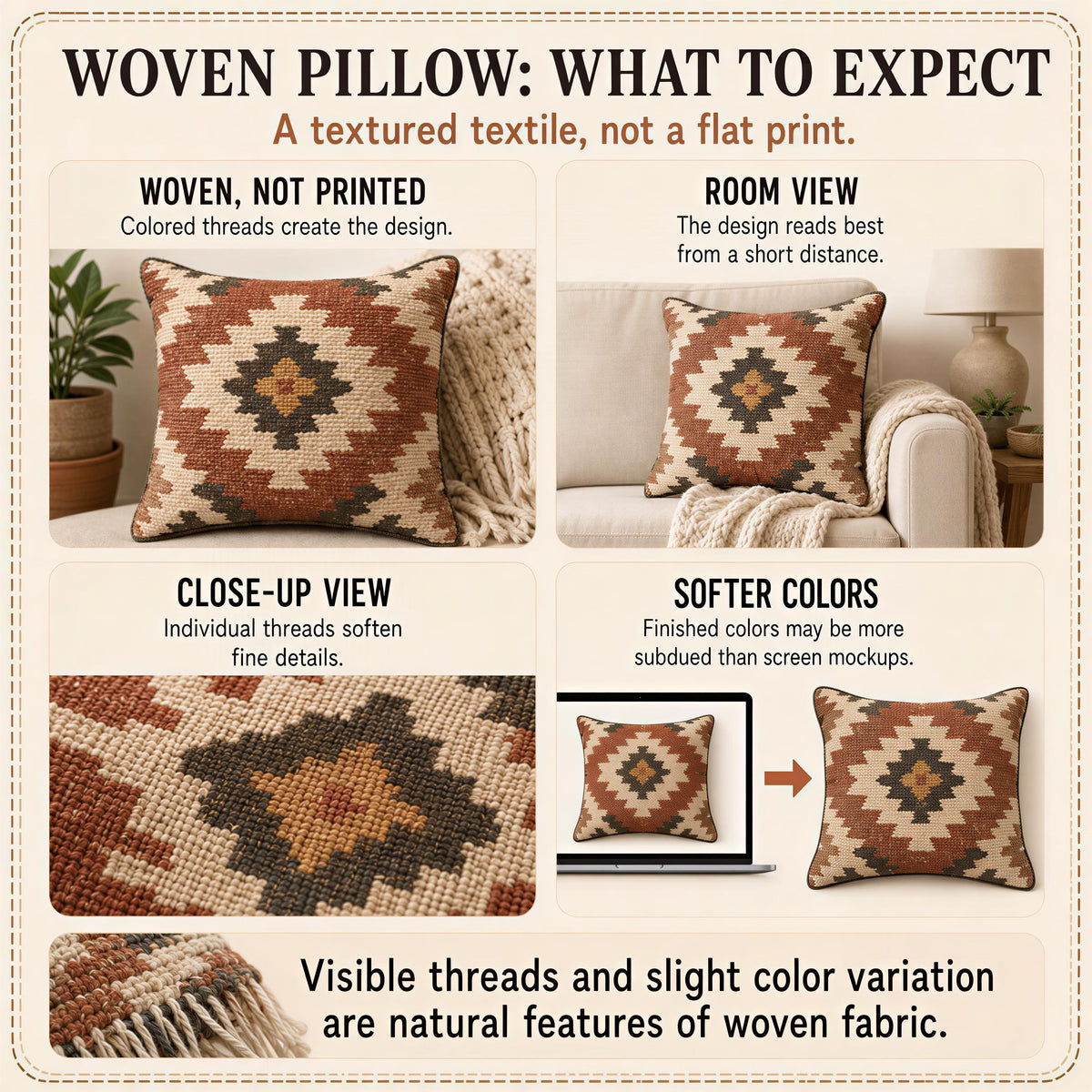 The image is a collage of four images that discuss the differences between a woven pillow and a printed pillow, including the design, room view, close-up view, and softer colors.
