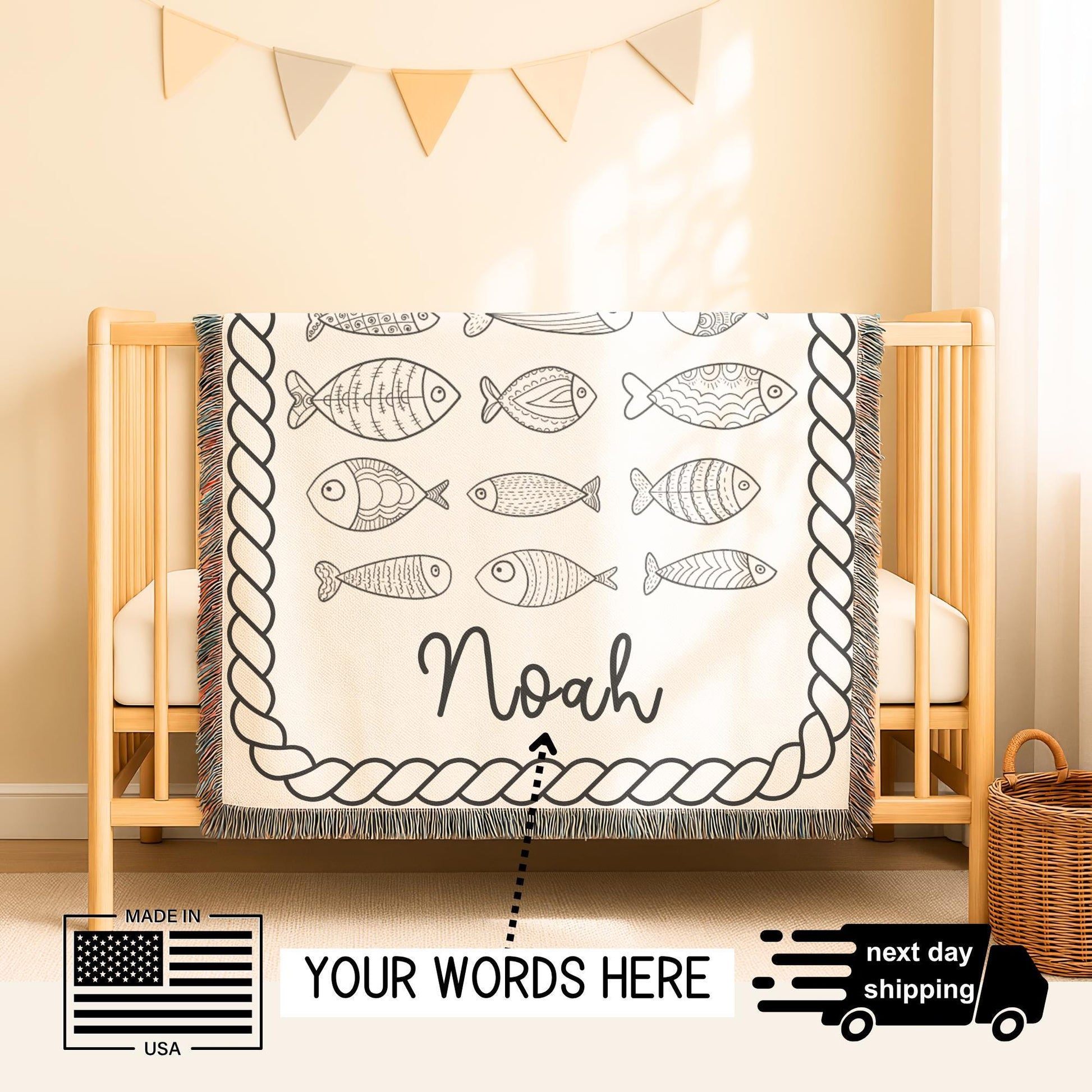 Personalized Baby Fish Blanket – Custom Name Cotton Nursery Decor, Ocean Theme