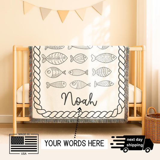 Personalized Baby Fish Blanket – Custom Name Cotton Nursery Decor, Ocean Theme