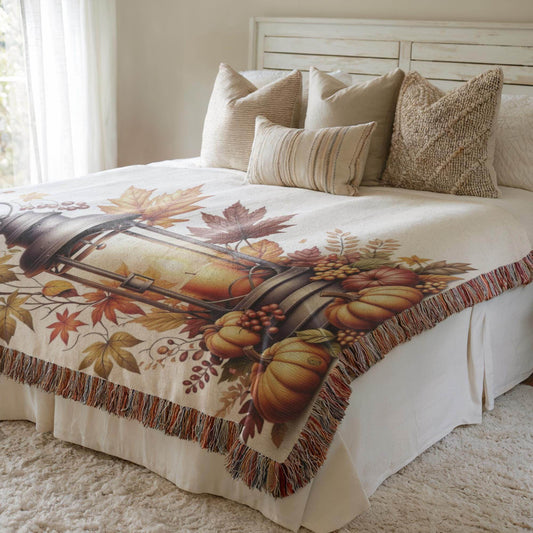 Fall Throw Blanket – Cozy Bedroom Throw with Pumpkin Decor & Lantern Autumn Design - timelessbohochic.com