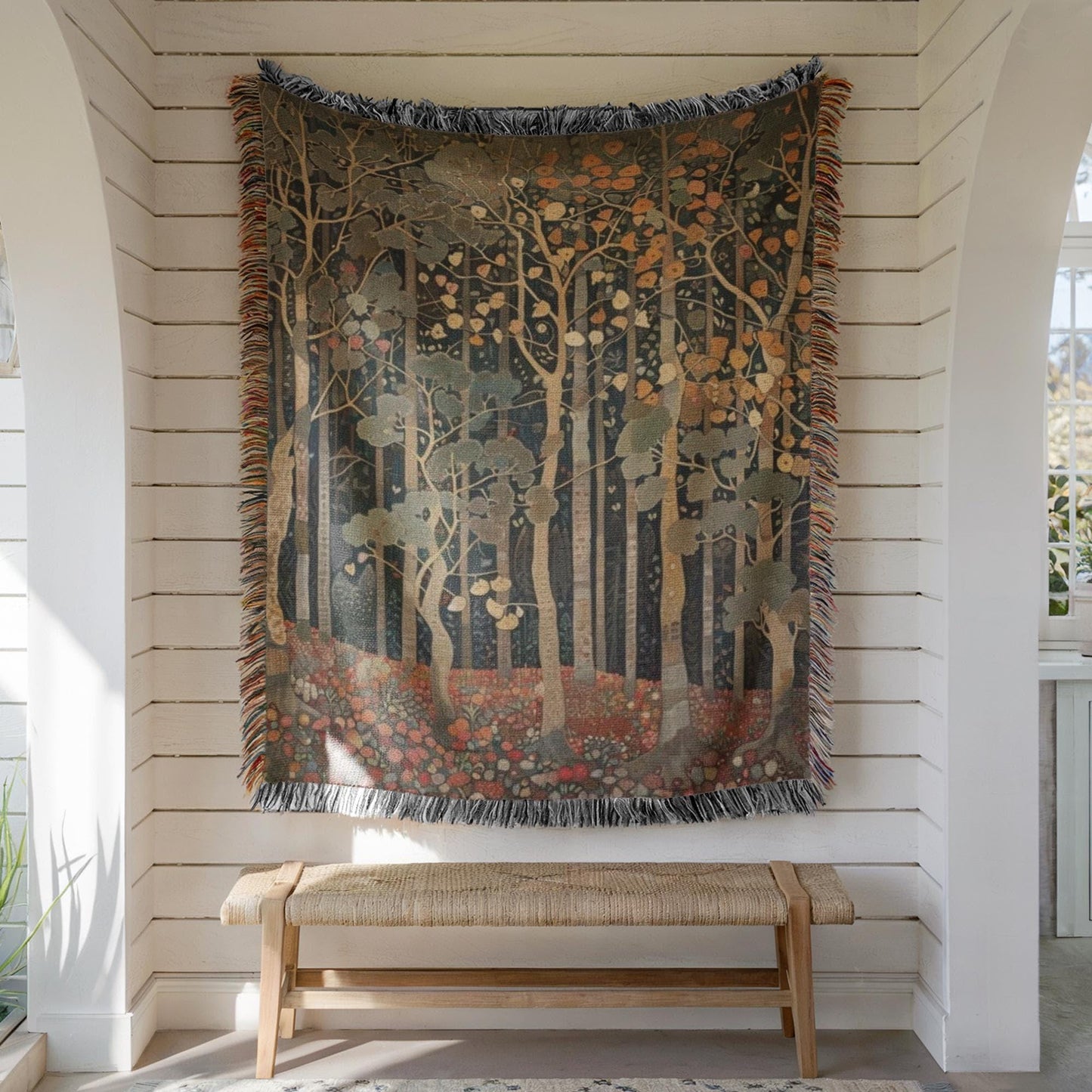 Scandinavian Inspired woven wall tapestry with rug-style pattern styled as textile wall decor