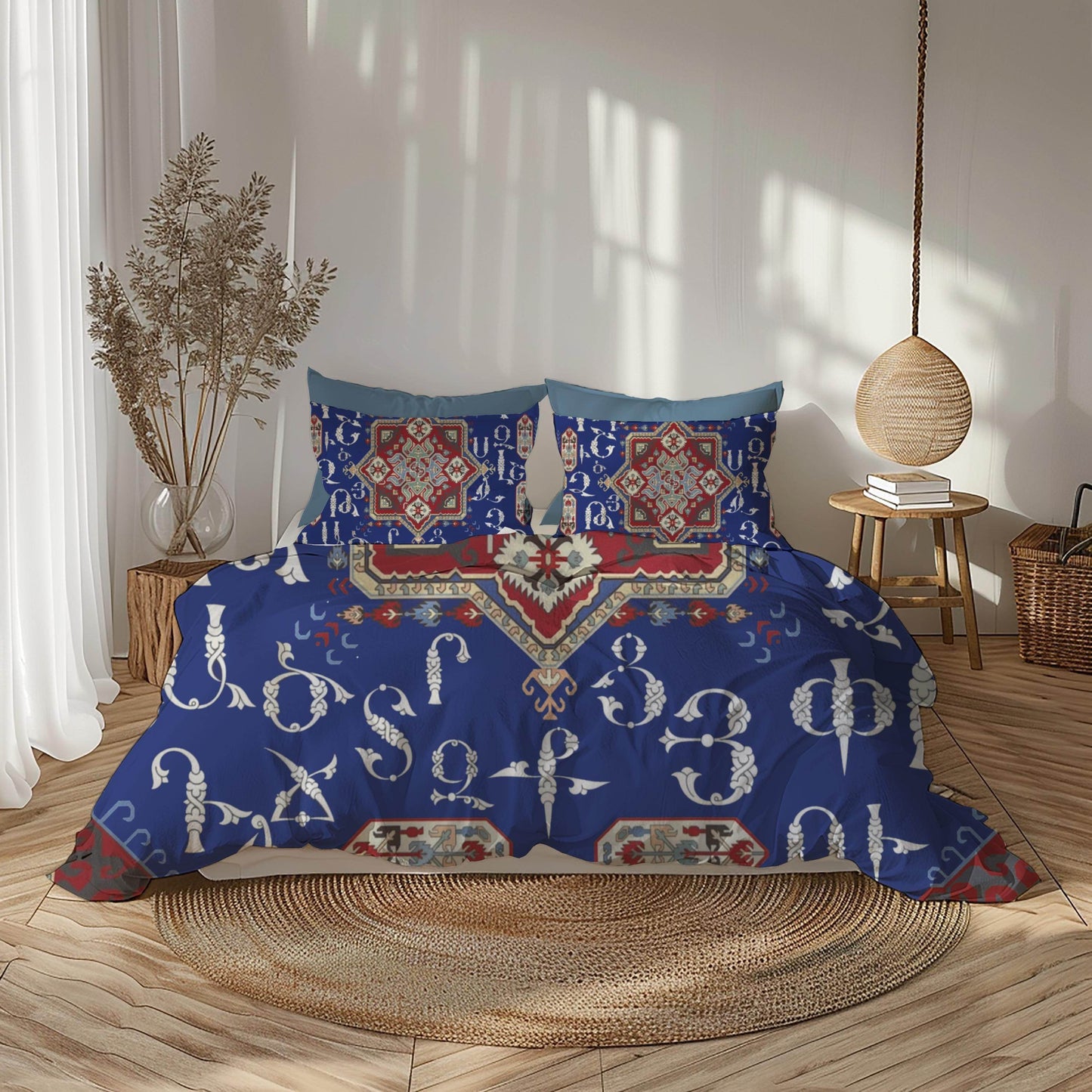 Armenian Alphabet Duvet - Personalized Ethnic Bedding Set with Haykakan Pattern & Custom Pillowcases - timelessbohochic.com