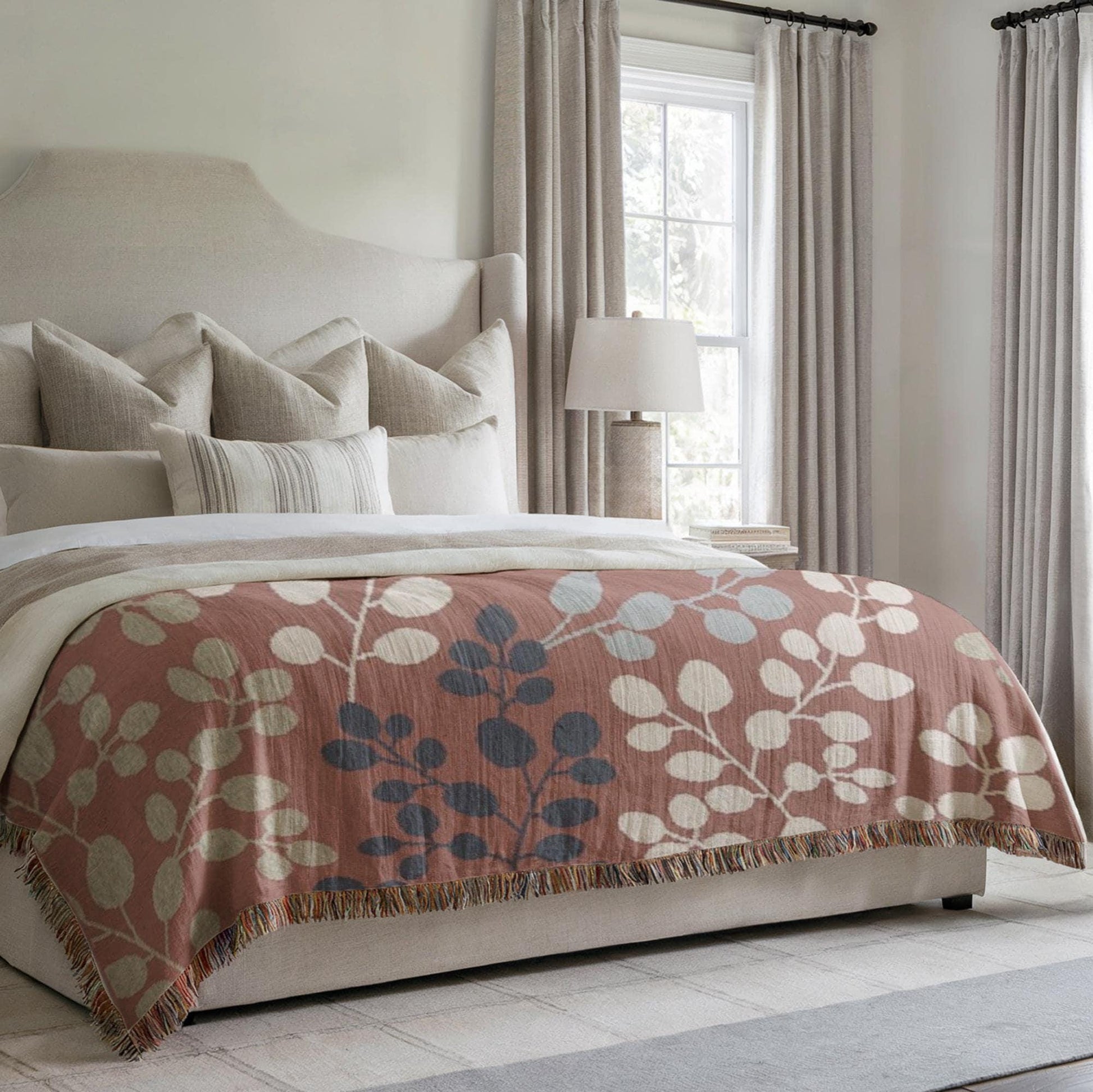 Woven Floral Blanket - Japanese Style Throw With Fringed Edges | Minimalist Home Decor